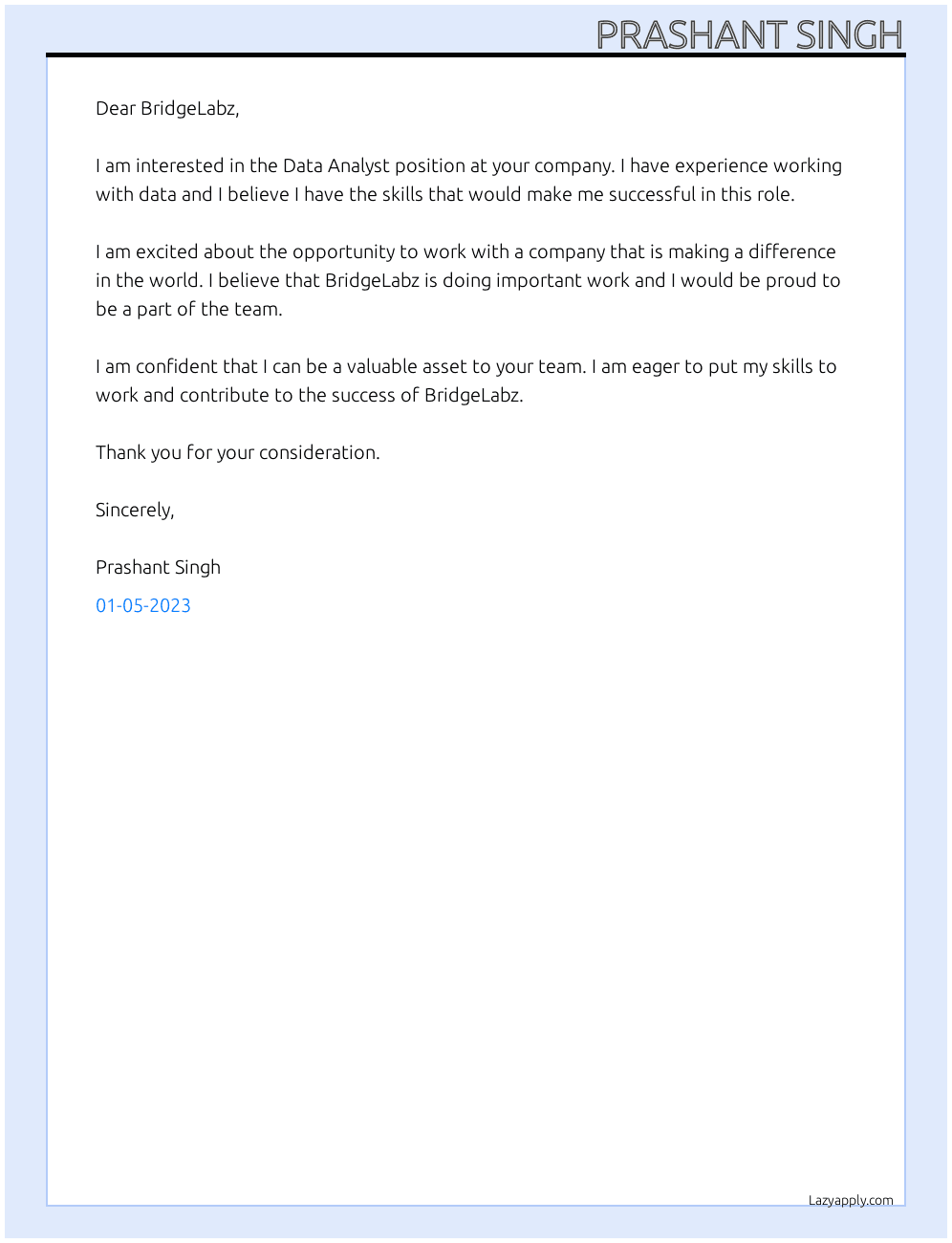 Data Analyst At BridgeLabz Cover Letter