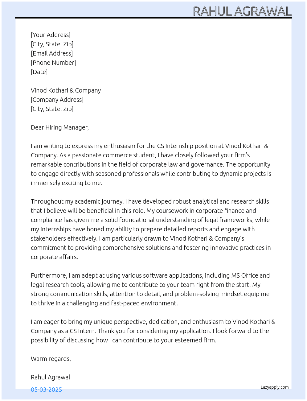 CS Internship  At Vinod Kothari & Company Cover Letter