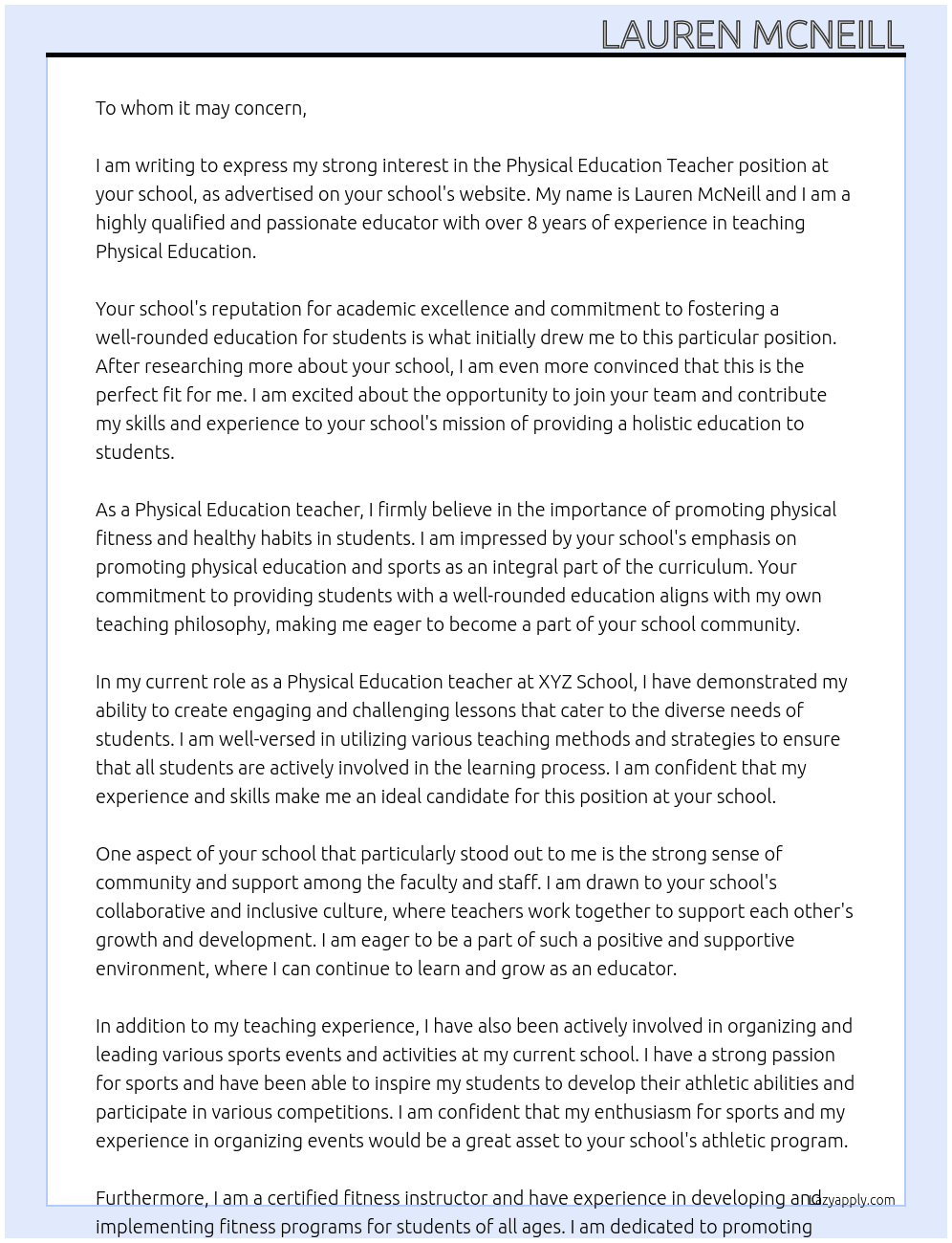 Physical Education teacher At your school Cover Letter