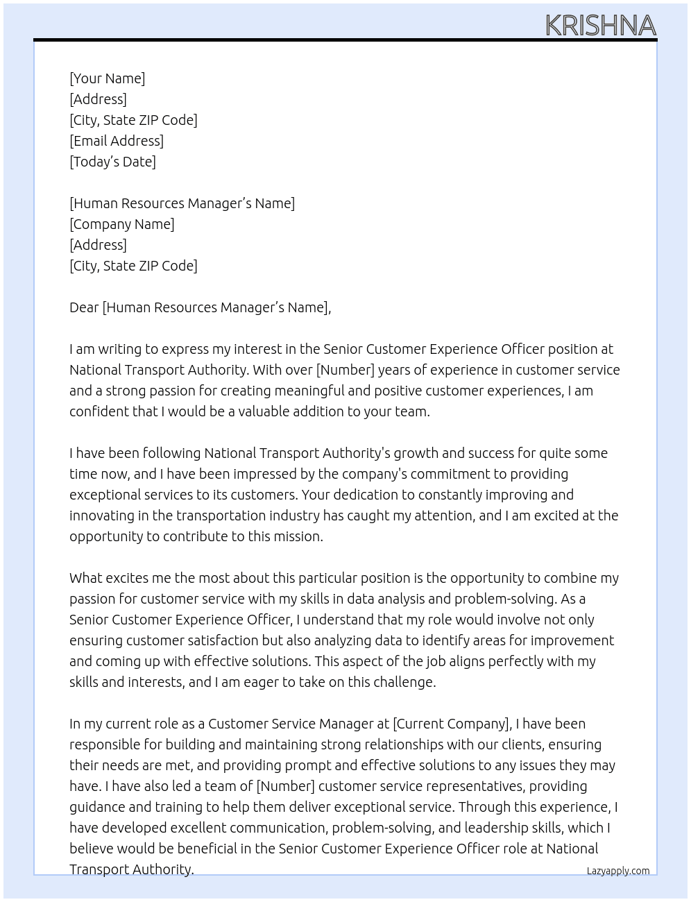 Senior customer experience officer At National Transport Authority Cover Letter