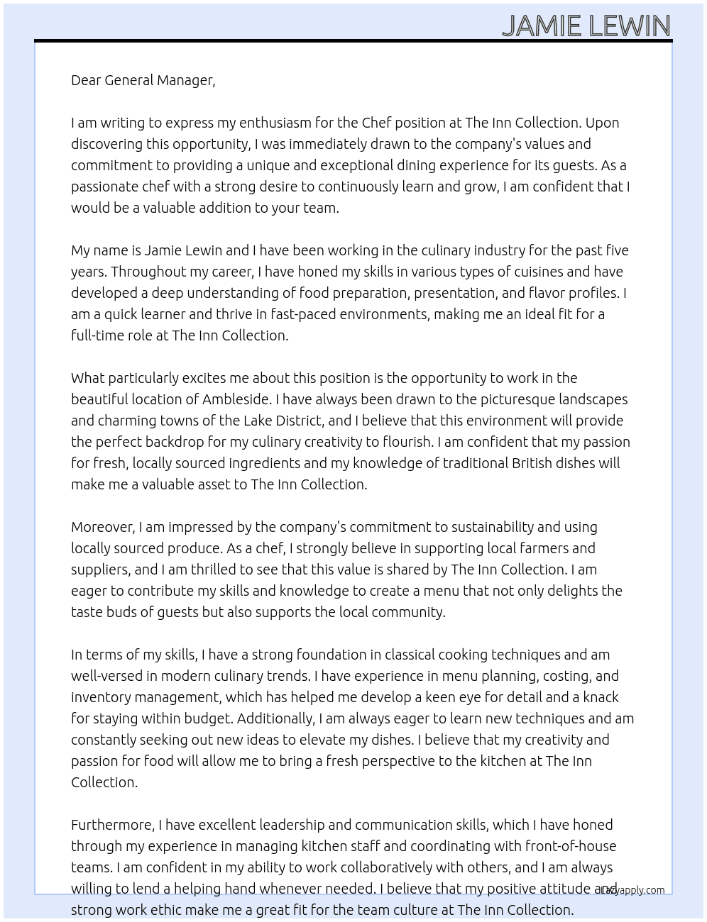 Chef At The Inn Collection Cover Letter