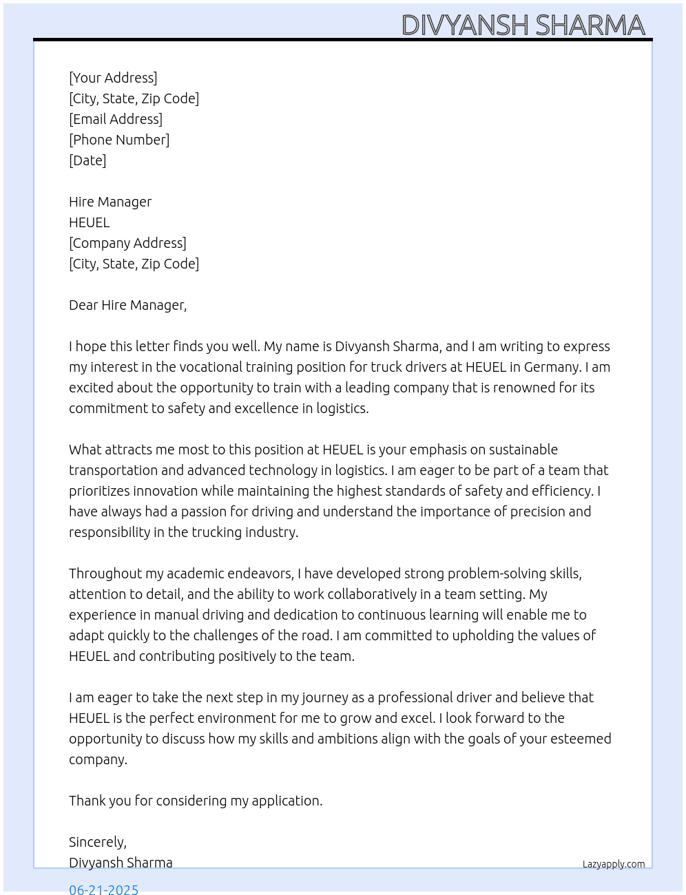 As student for vocational training of truck driver At HEUEL Cover Letter