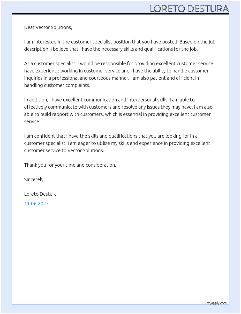 customer specialist At vector solutions Cover Letter