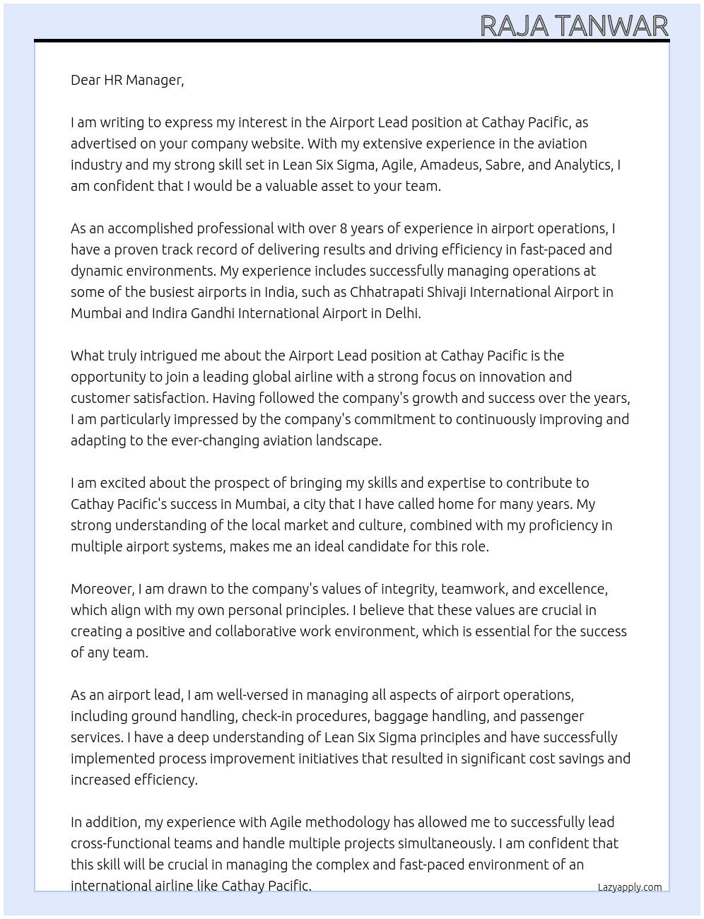 Airport Lead At Cathay Pacific Cover Letter