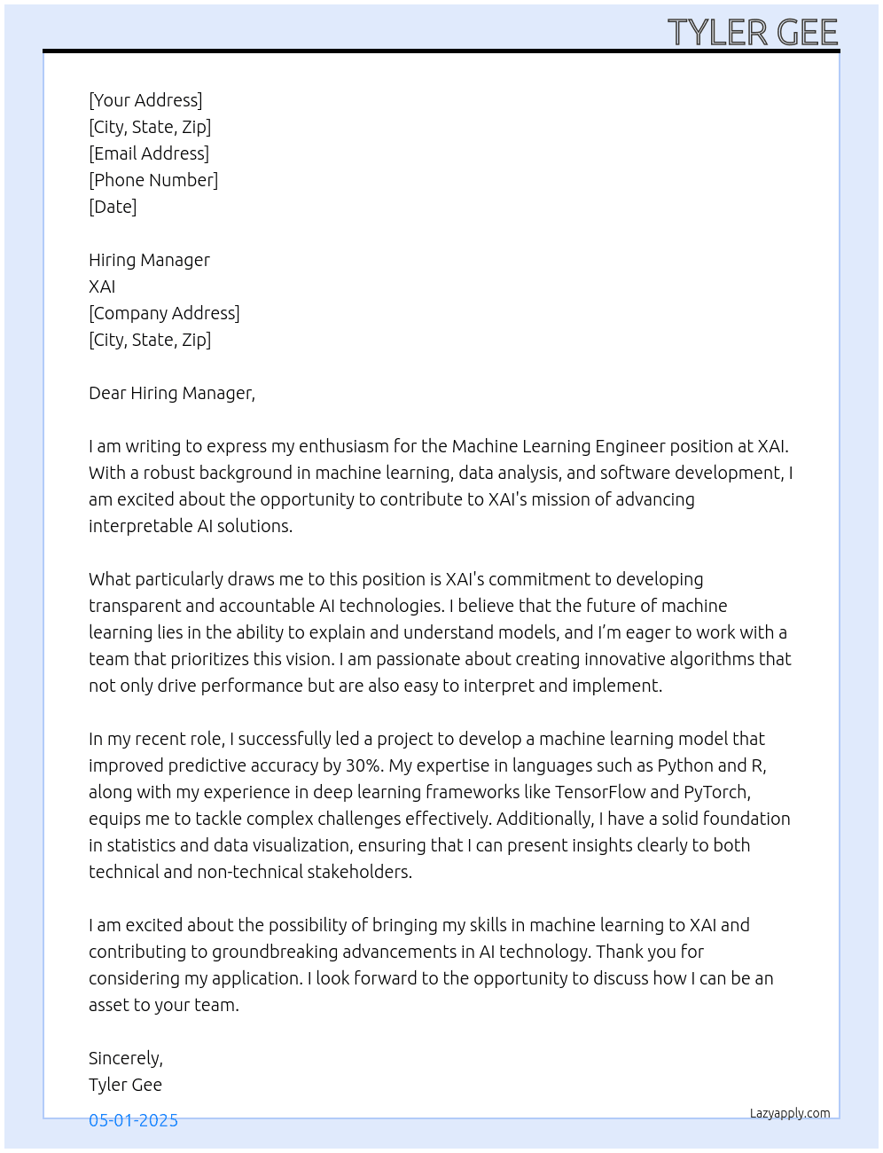 Machine Learning Engineer At xai Cover Letter