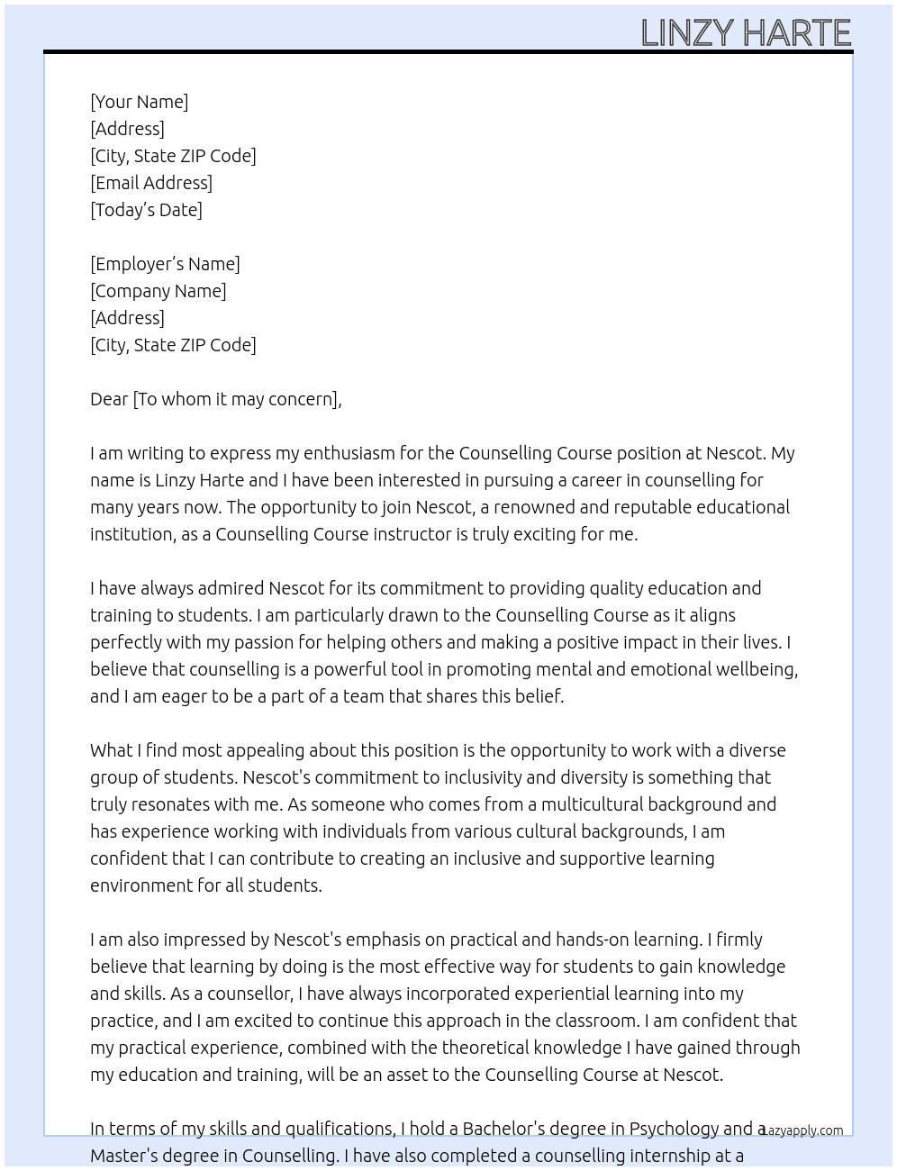 Counelling course At Nescot Cover Letter