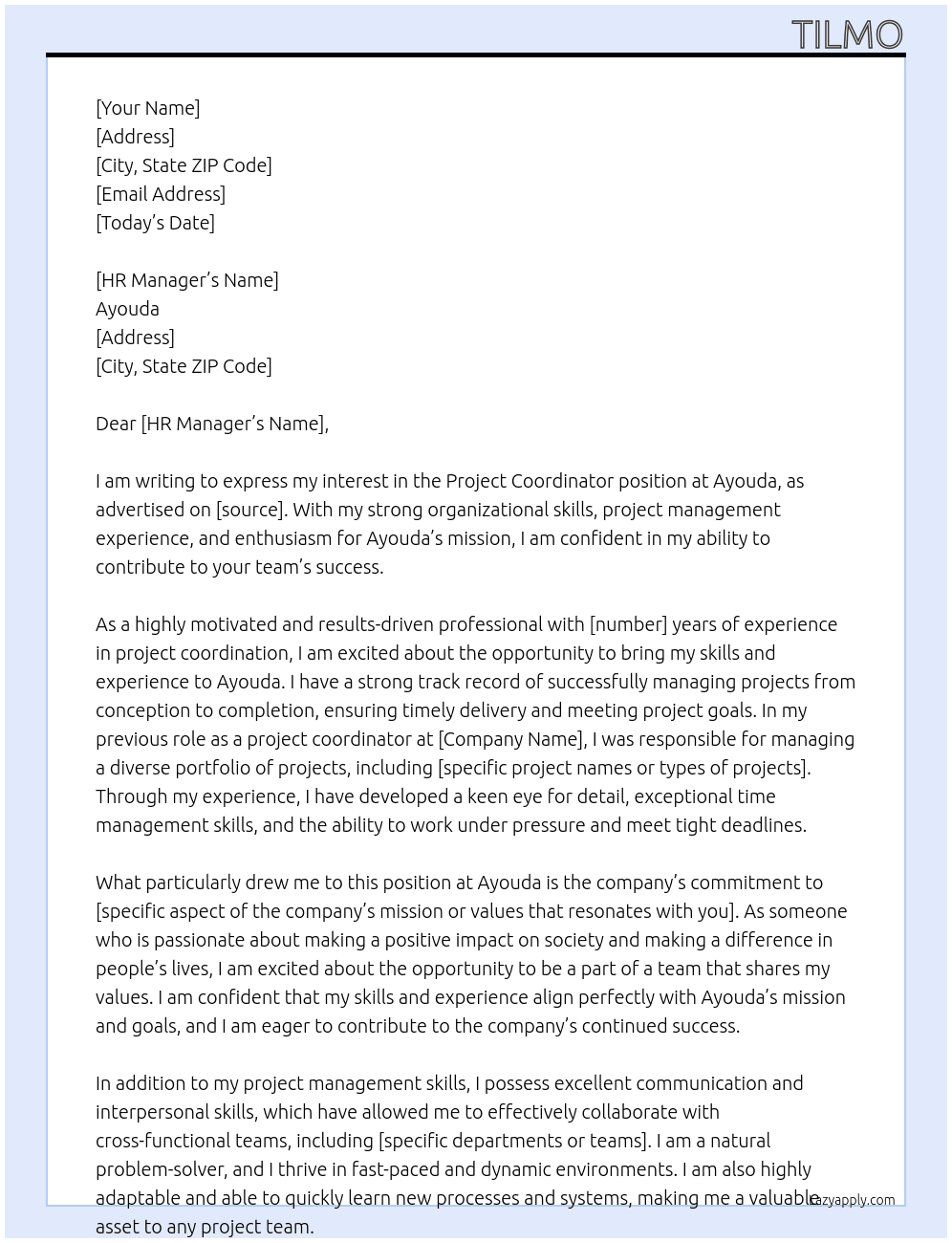 Project coordinator  At Ayouda  Cover Letter