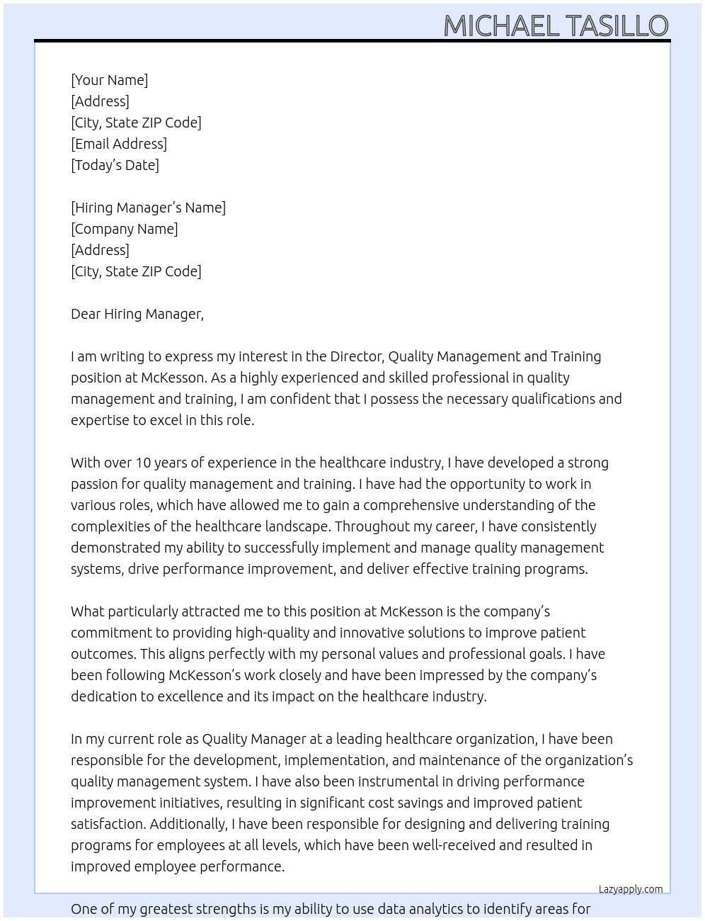 Director, Quality Management and Training At McKesson Cover Letter