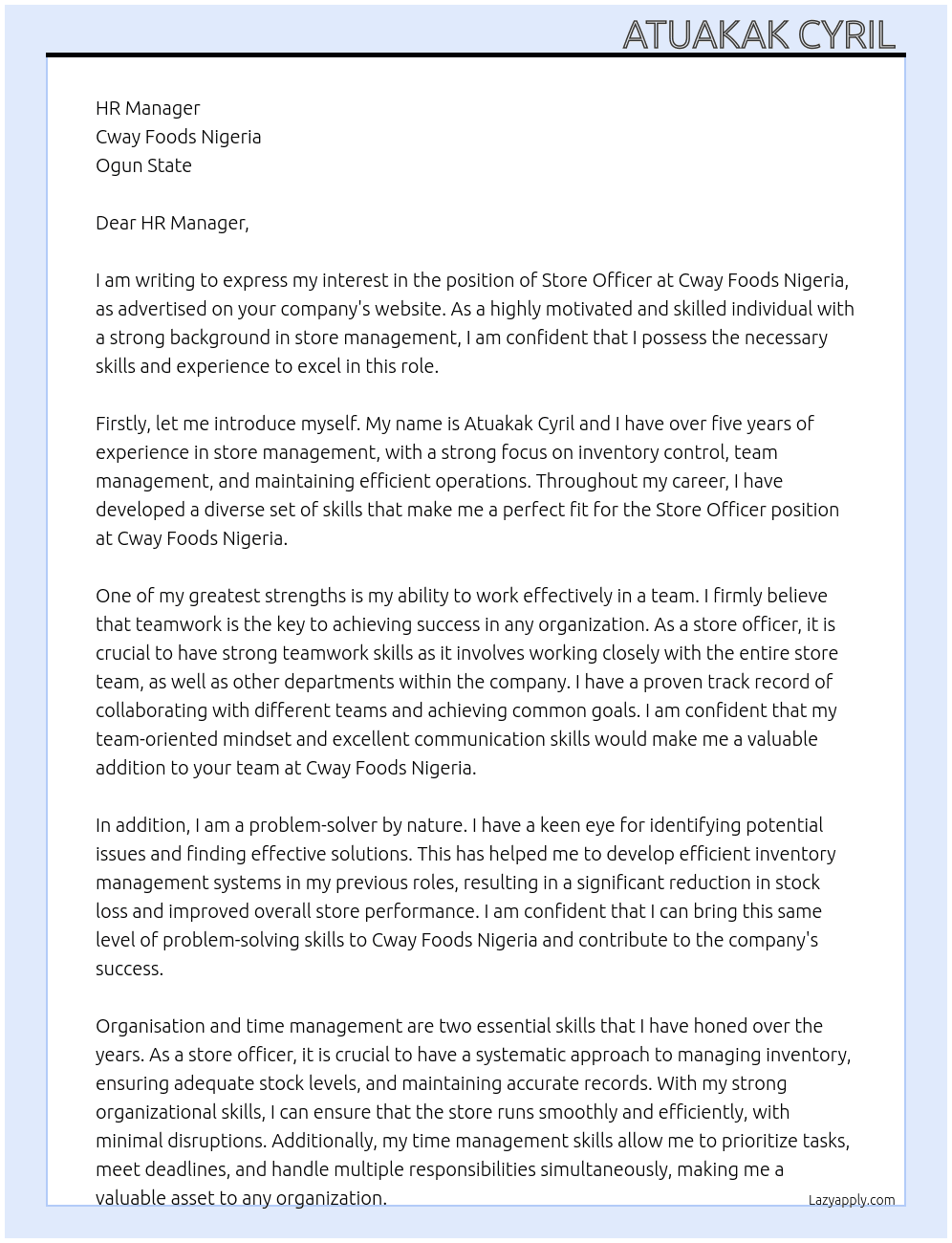 Store Officer At Cway Foods Nigeria Cover Letter