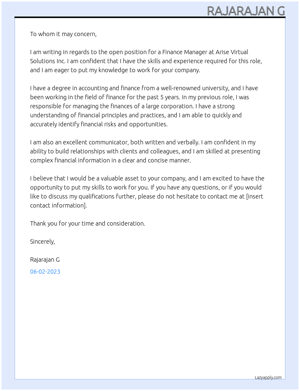 Finance At Arise Virtual Solutions Inc Cover Letter