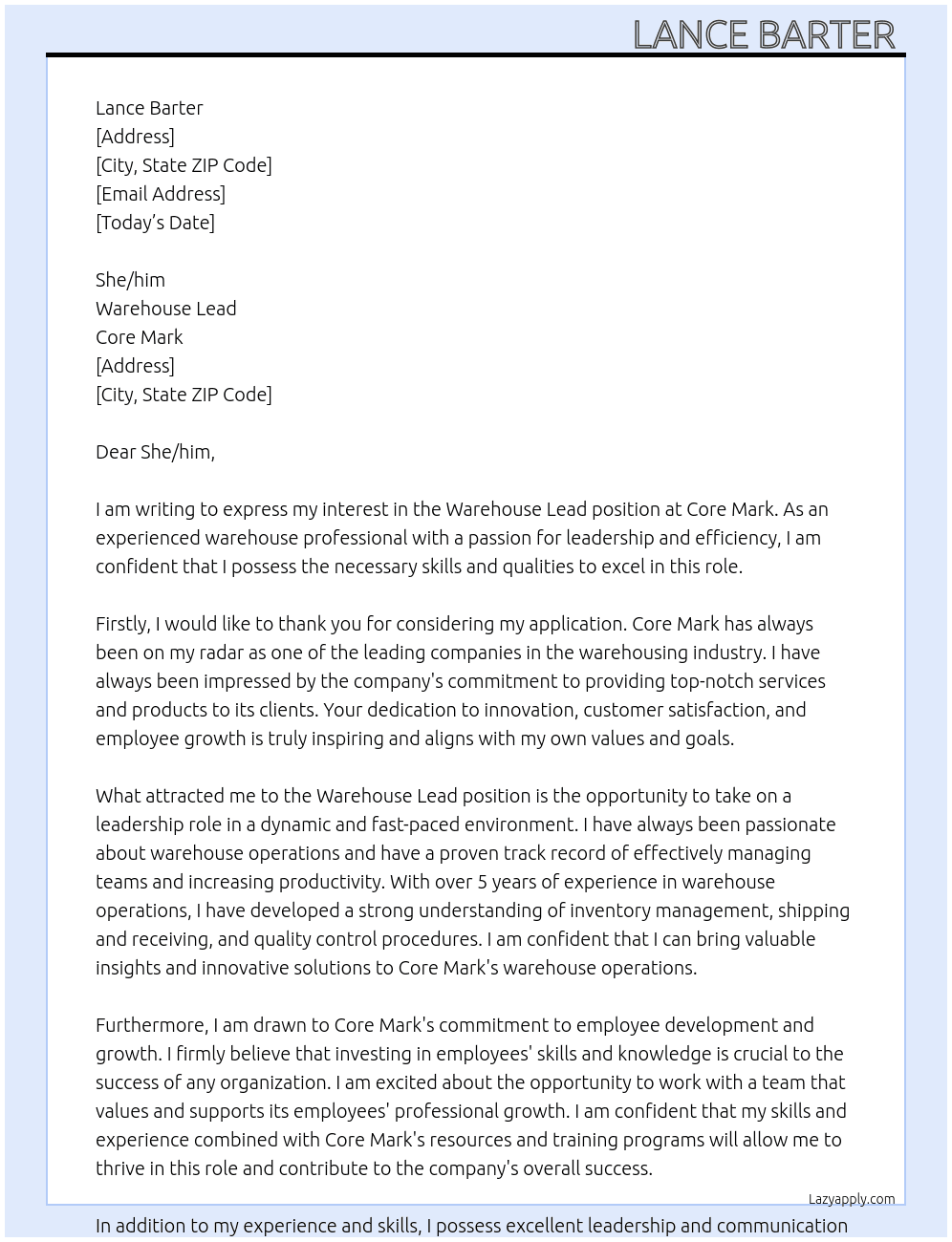 Wearhouse lead At Core mark  Cover Letter