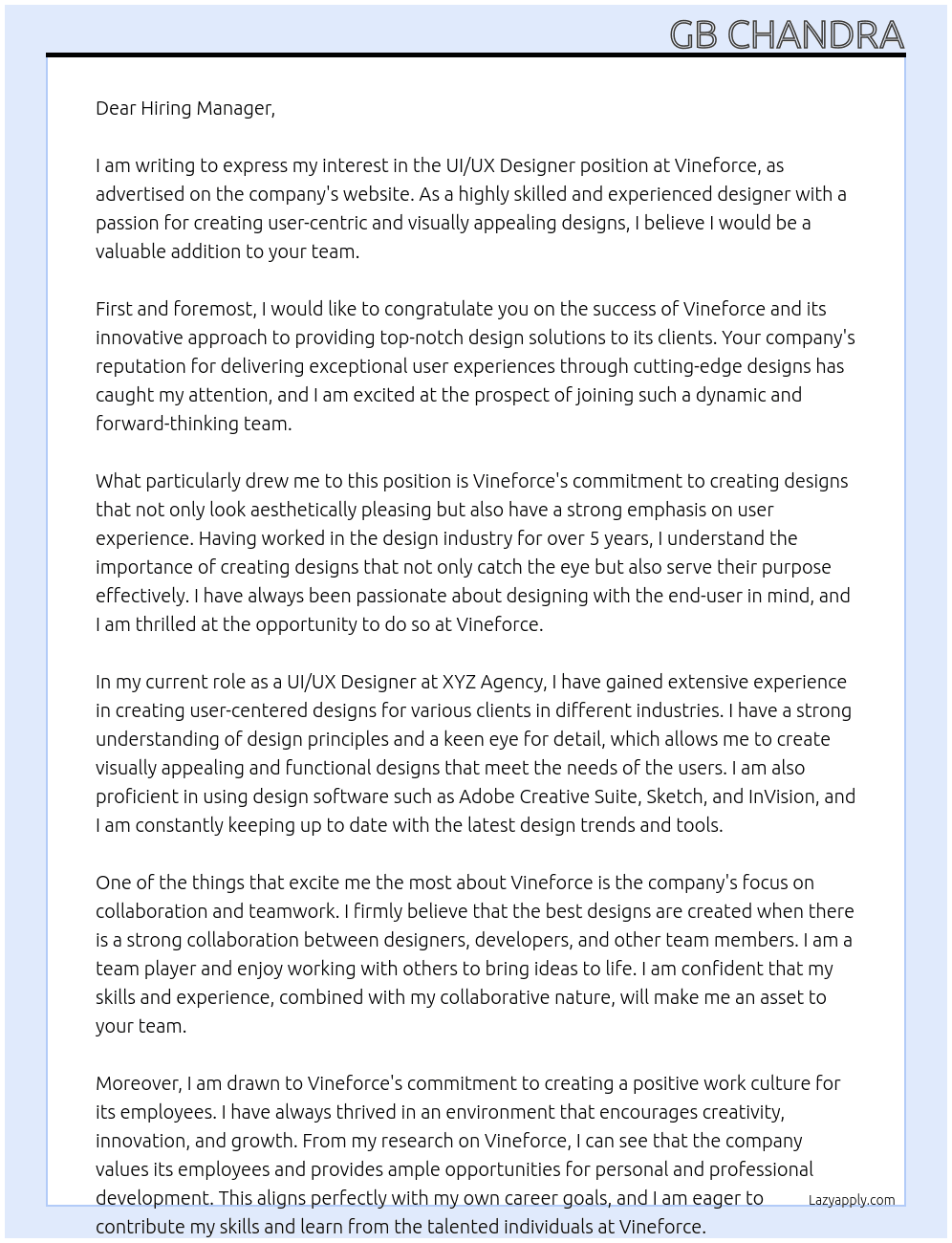 UI/UX Designer At Vineforce Cover Letter