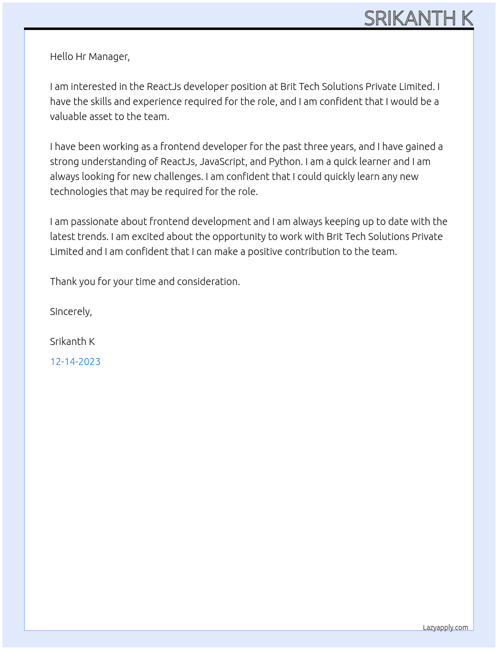 ReactJs developer  At Brit Tech Solutions Private Limited  Cover Letter
