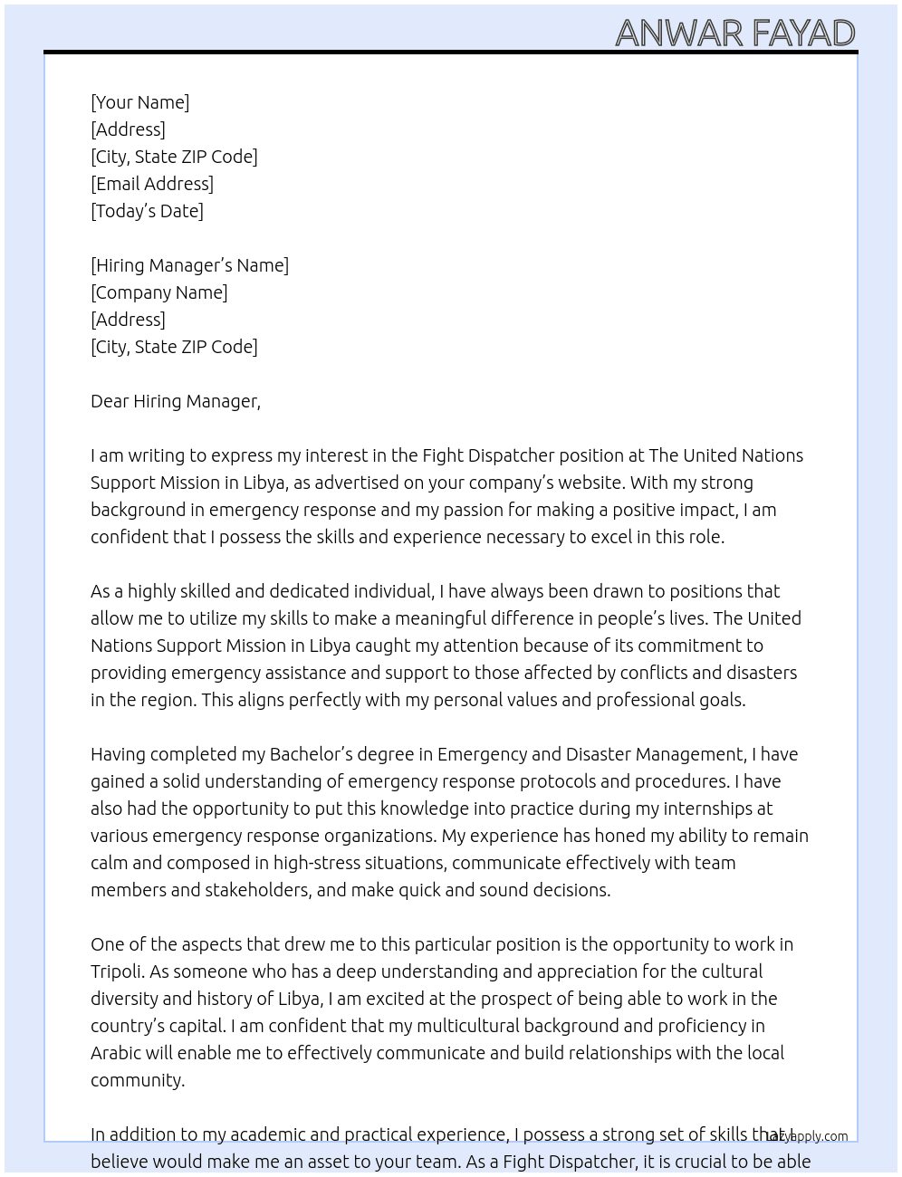 Fight dispatcher At The United Nations Support Mission in Libyya Cover Letter