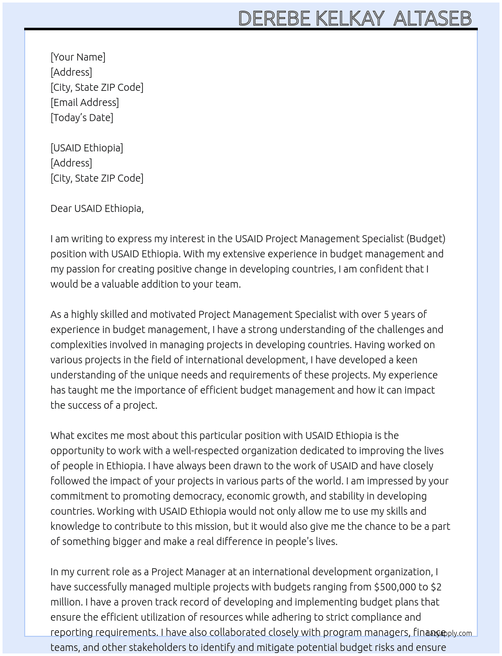 USAID Project Management Specialist (Budget) At USAID Ethiopia Cover Letter