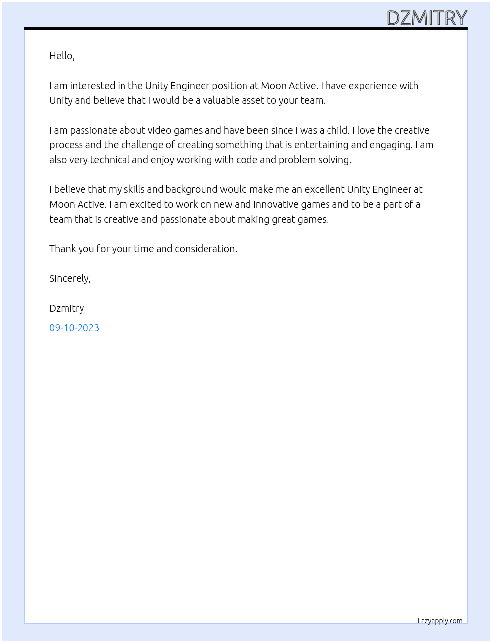 UNITY ENGINEER At Moon Active Cover Letter