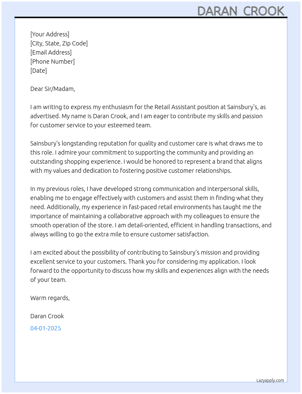 Retail assistant  At Sainsbury's  Cover Letter