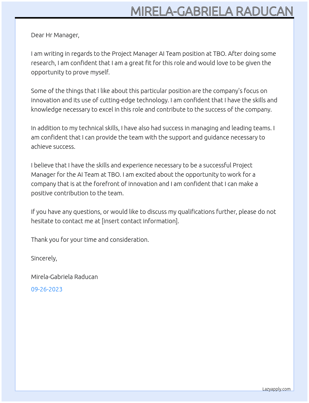 Project Manager AI Team At TBO Cover Letter