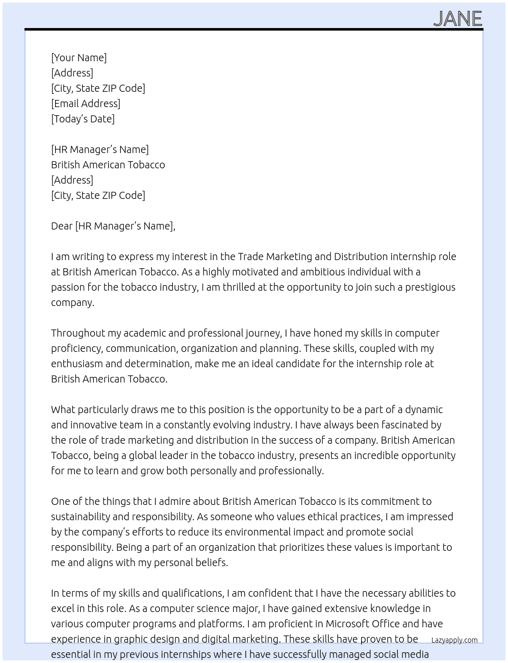 Trade marketing and distribution At British American Tobacco Cover Letter