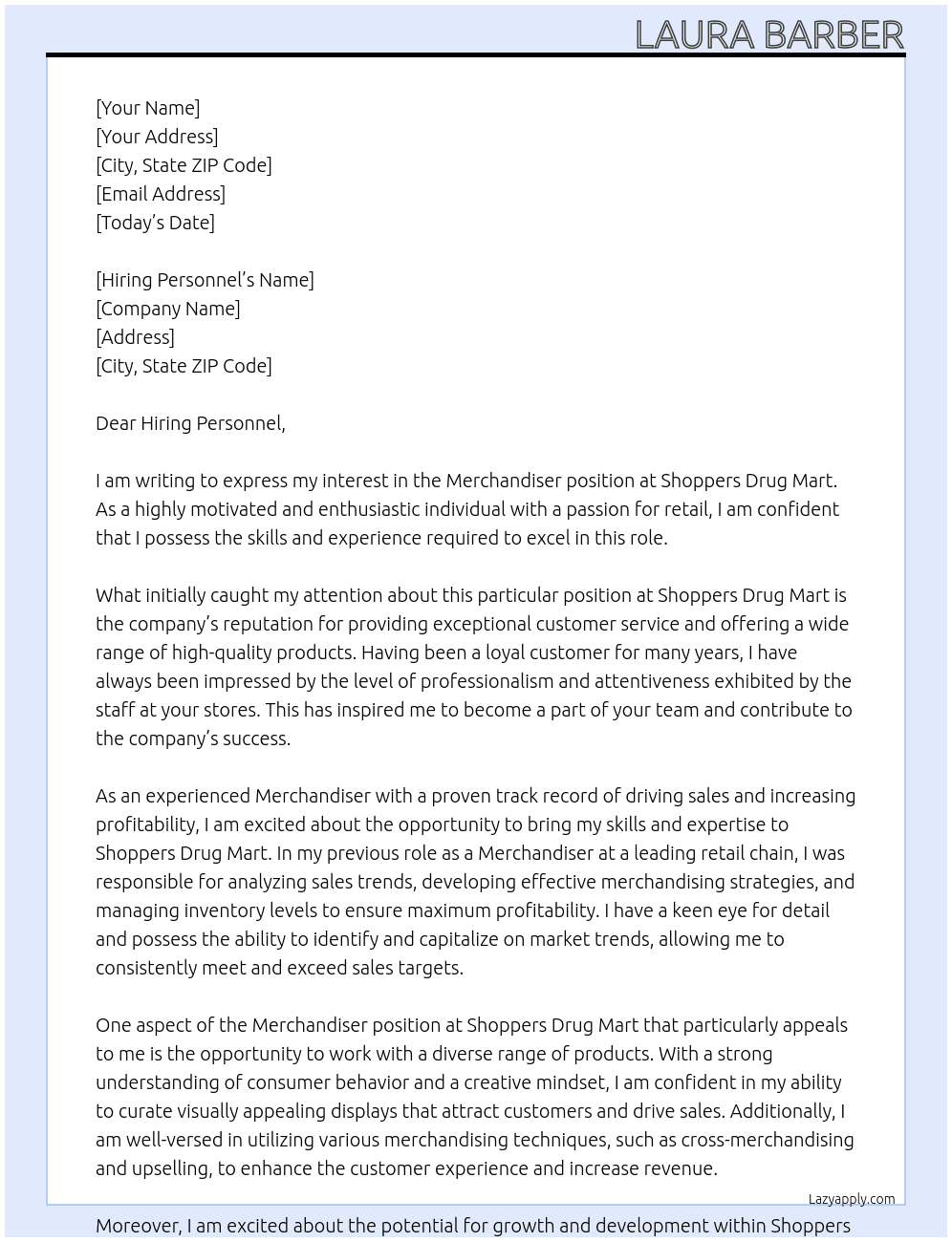 Merchandiser At Shoppers Drug Mart Cover Letter