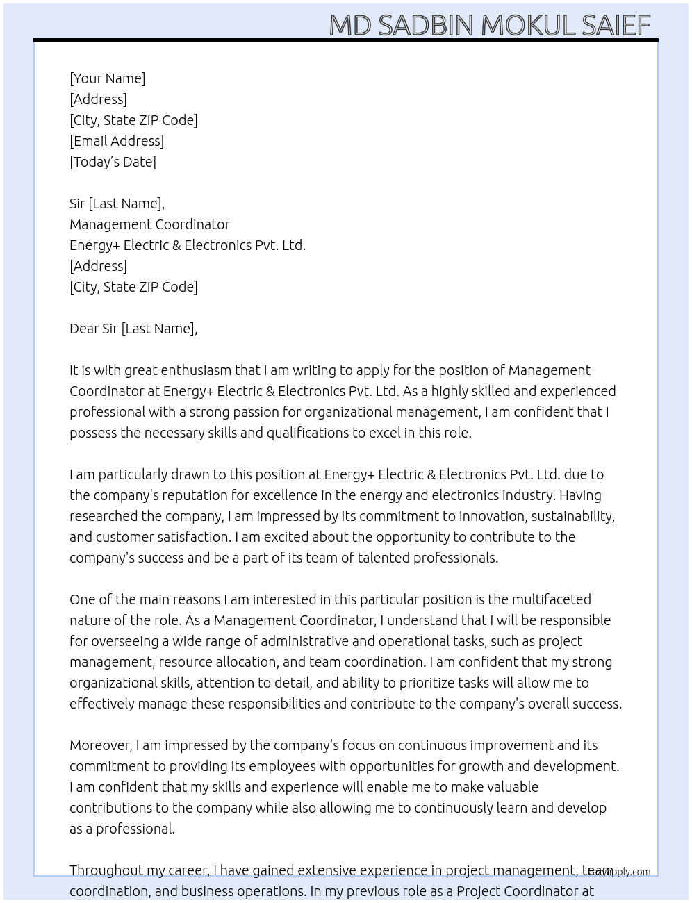 Management Coordinator At Energy+ Electric & Electronics Pvt. Ltd. Cover Letter