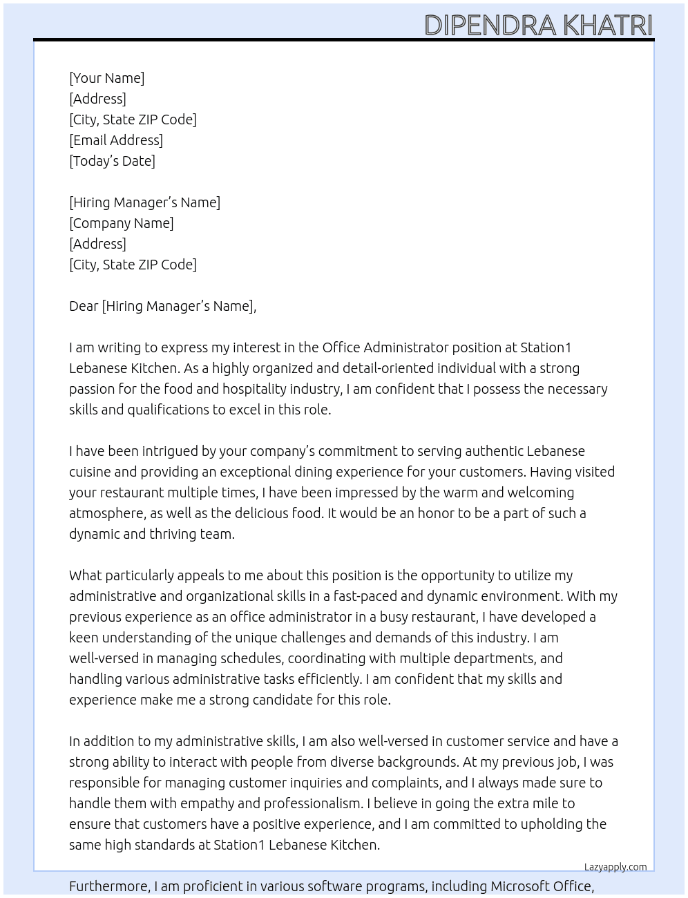 Office administrator At station1 Lebenese Kitchen Cover Letter