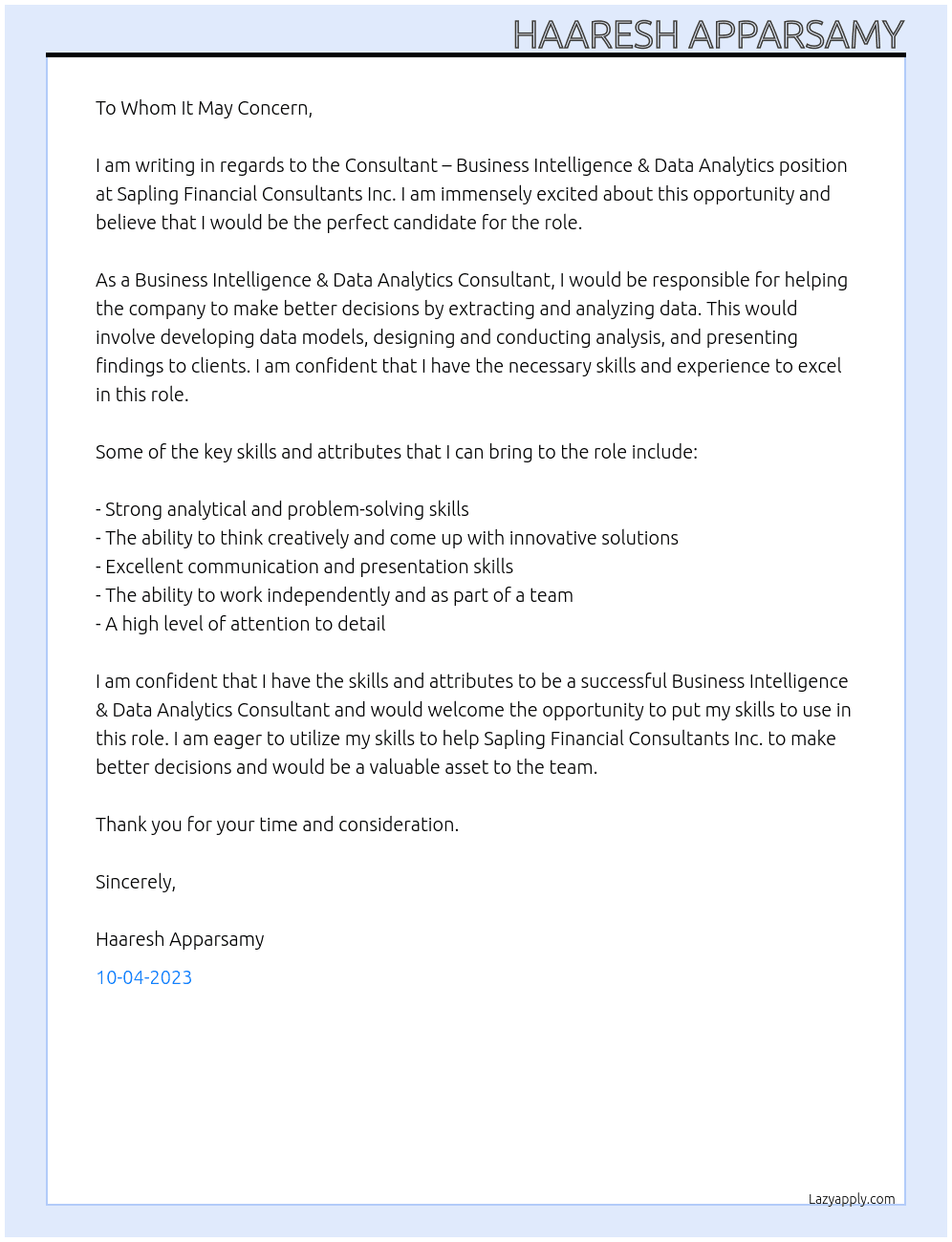Consultant – Business Intelligence & Data Analytics  At Sapling Financial Consultants Inc. Cover Letter