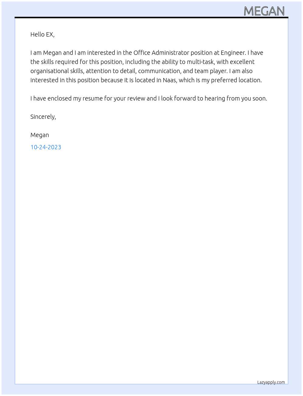 Office Administrator  At Engineer Cover Letter