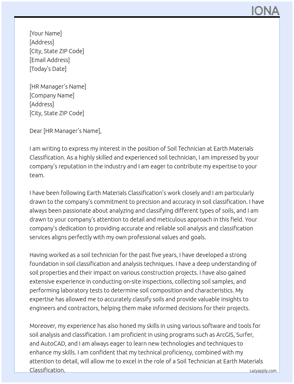 Soil technician At Earth materials classification Cover Letter