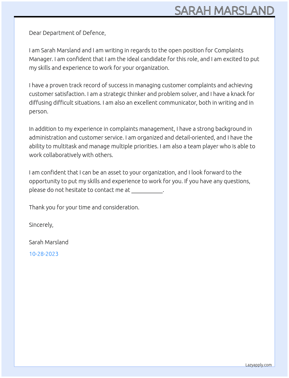 Complaints manger At Department of Defence  Cover Letter