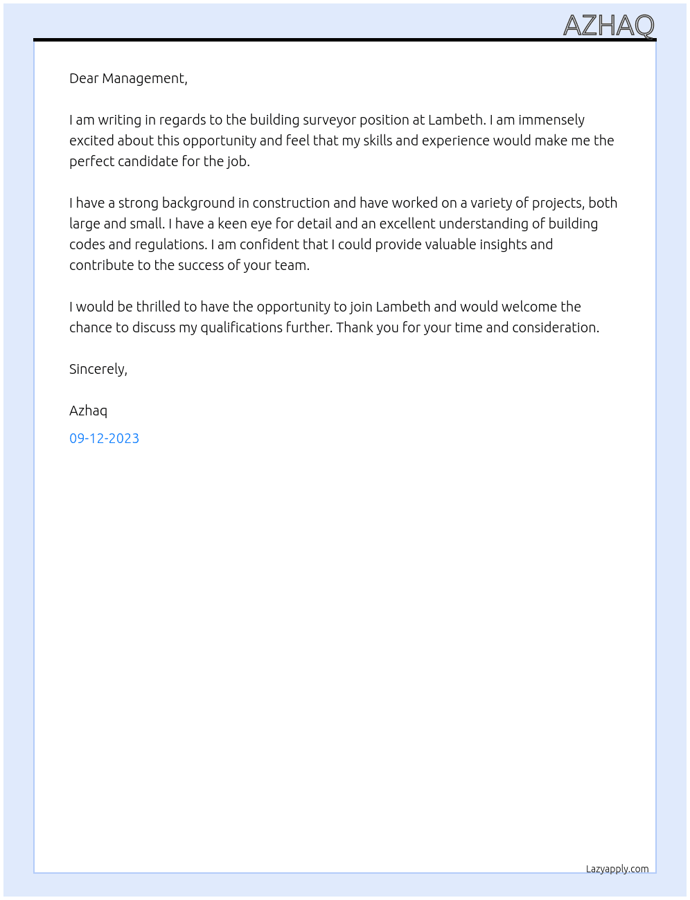Building surveyor At Lambeth Cover Letter
