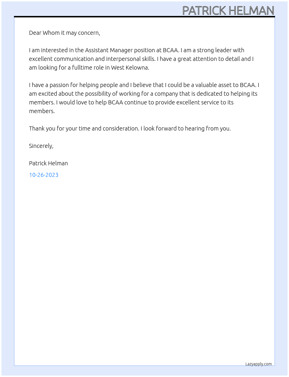 Assistant Manager At BCAA Cover Letter