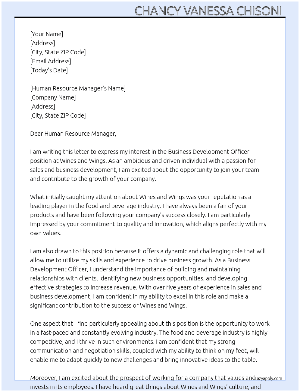 Business development officer  At Wines and Wings  Cover Letter