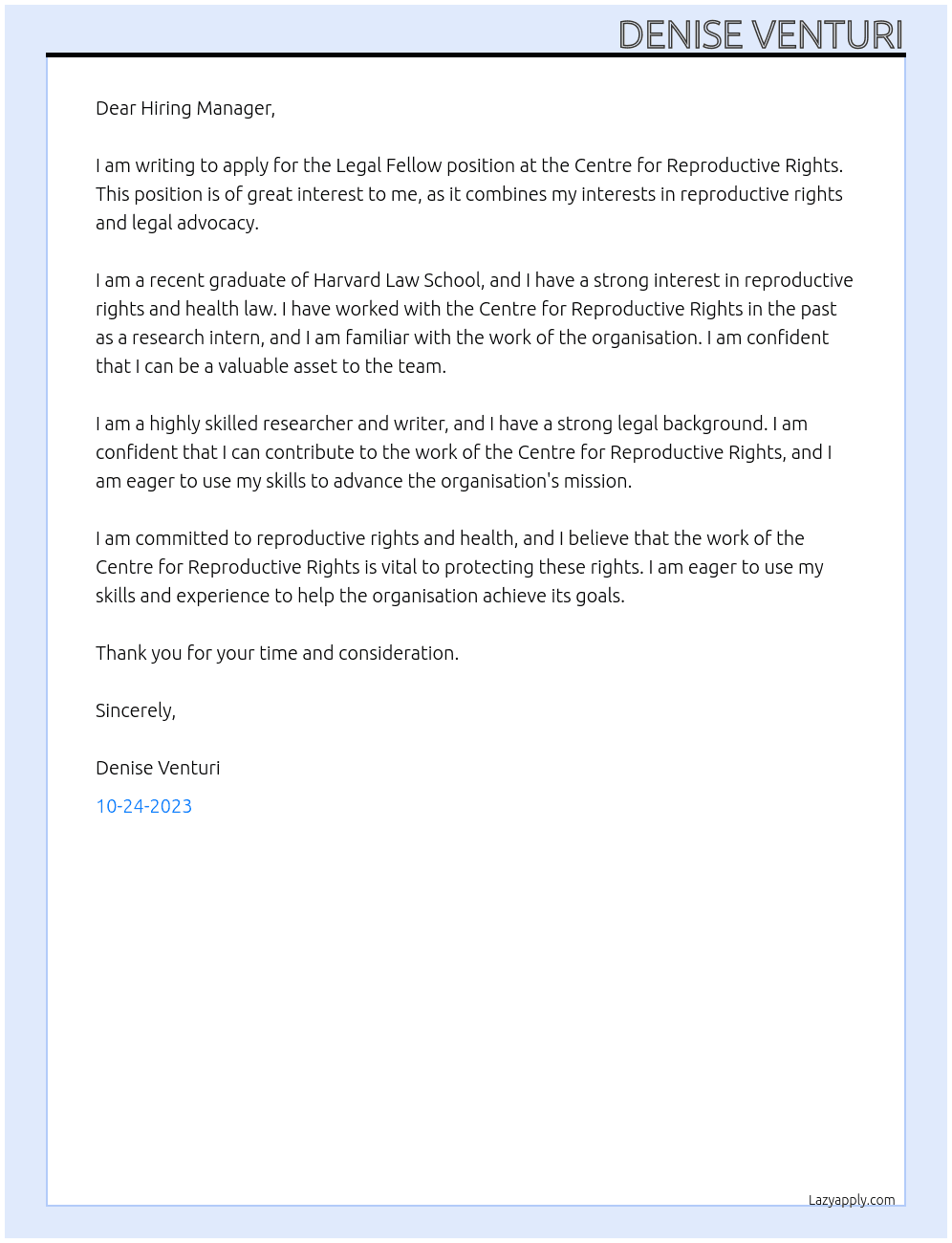 Legal Fellow At Centre for Reproductive Rights Cover Letter