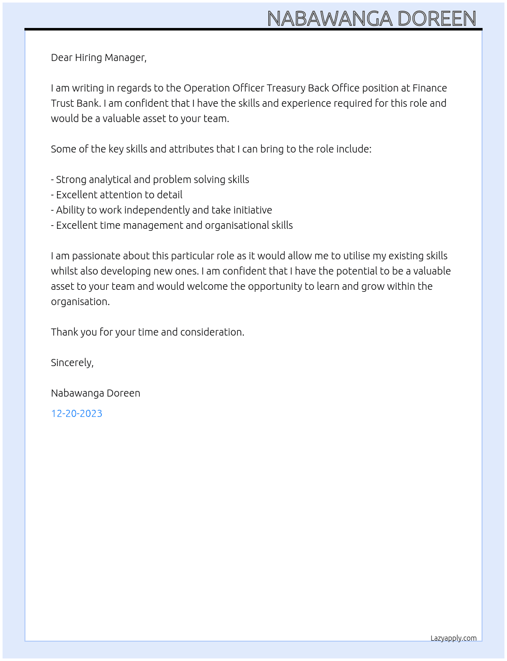 Operation officer treasury back office  At Finance trust bank Cover Letter