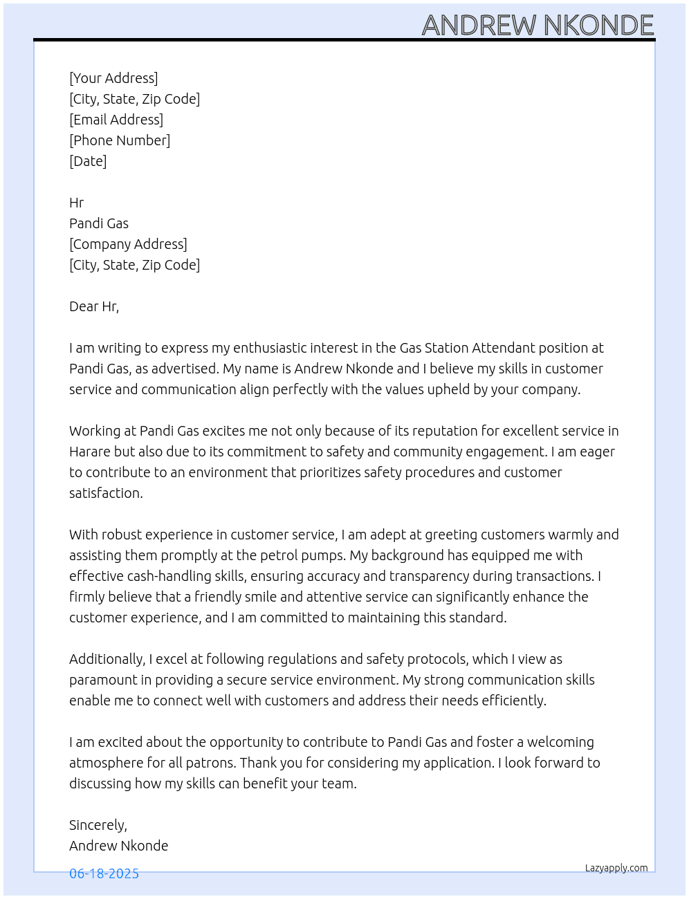 Gas station attendant  At Pandi Gas Cover Letter