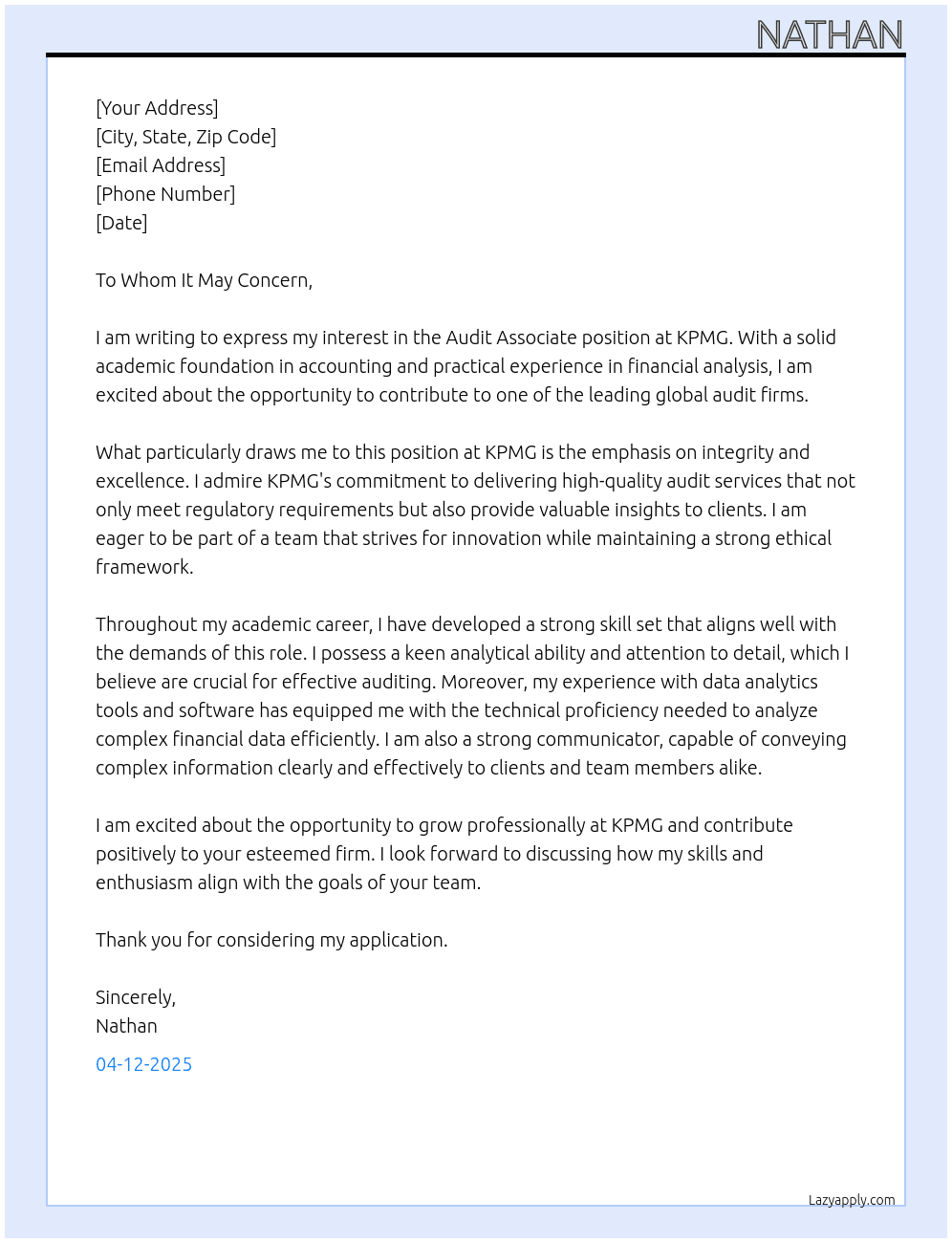 Audit Associate At KPMG Cover Letter
