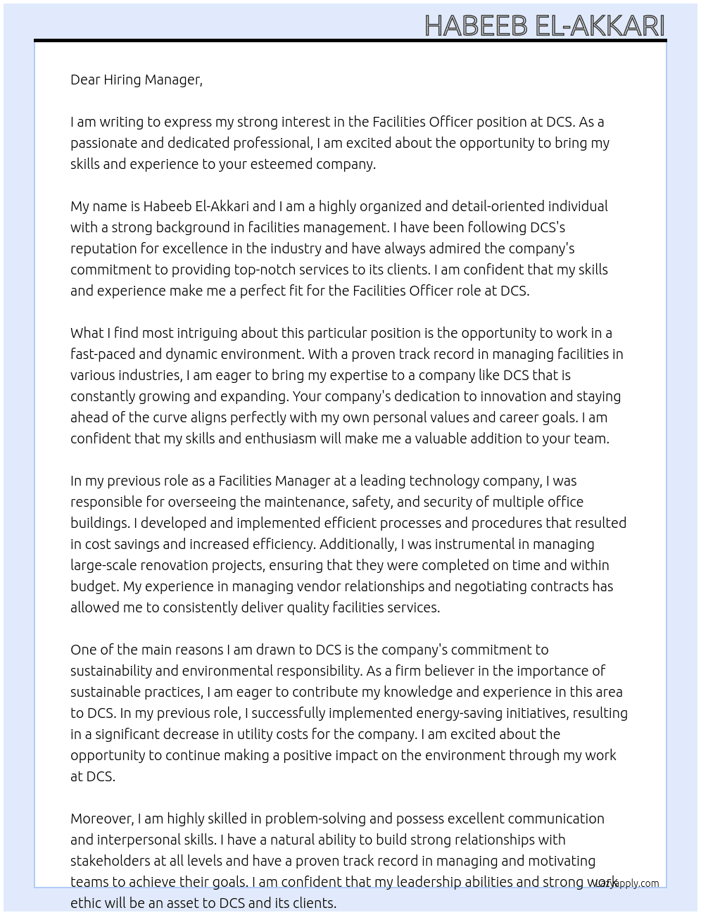 Facilities Officer At DCS Cover Letter