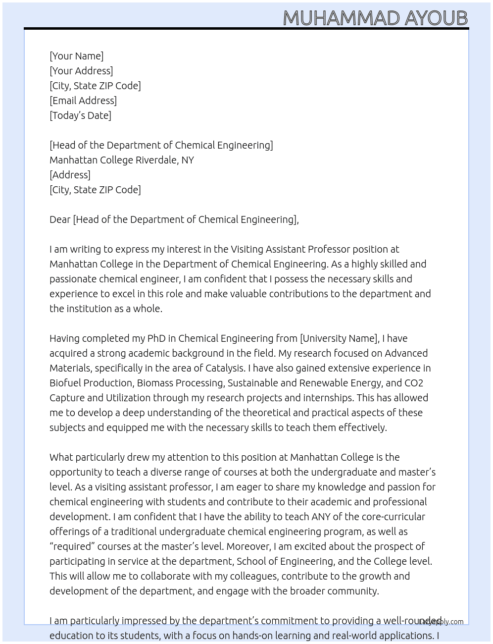 Visiting Assistant Professor At Manhattan College Riverdale, NY Cover Letter