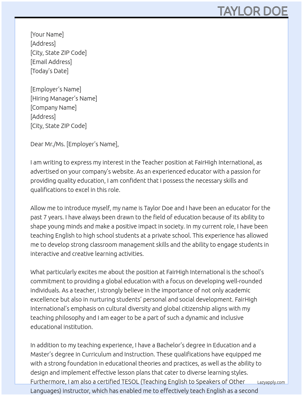 Teacher At FairHigh International Cover Letter
