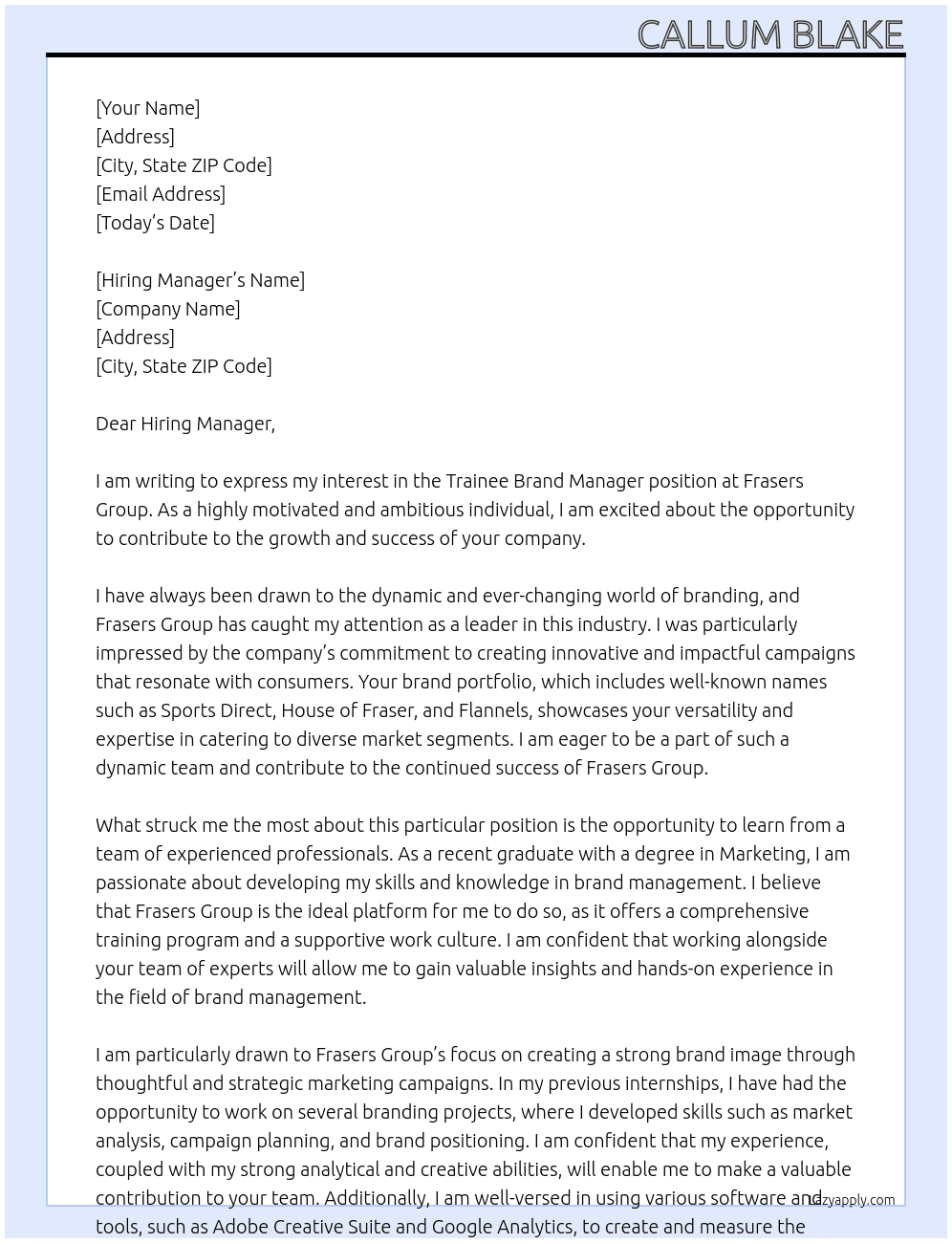 Trainee Brand Manager At Frasers Group Cover Letter