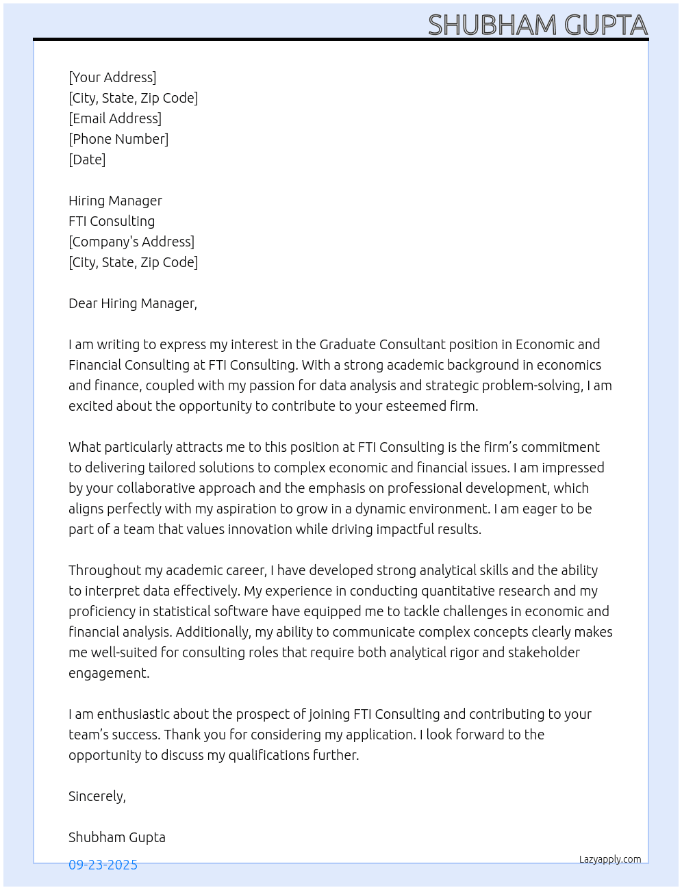Graduate Consultant | Economic and Financial Consulting At FTI Consulting Cover Letter