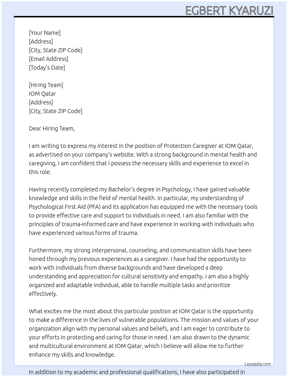 Protection Caregiver At IOM Qatar  Cover Letter
