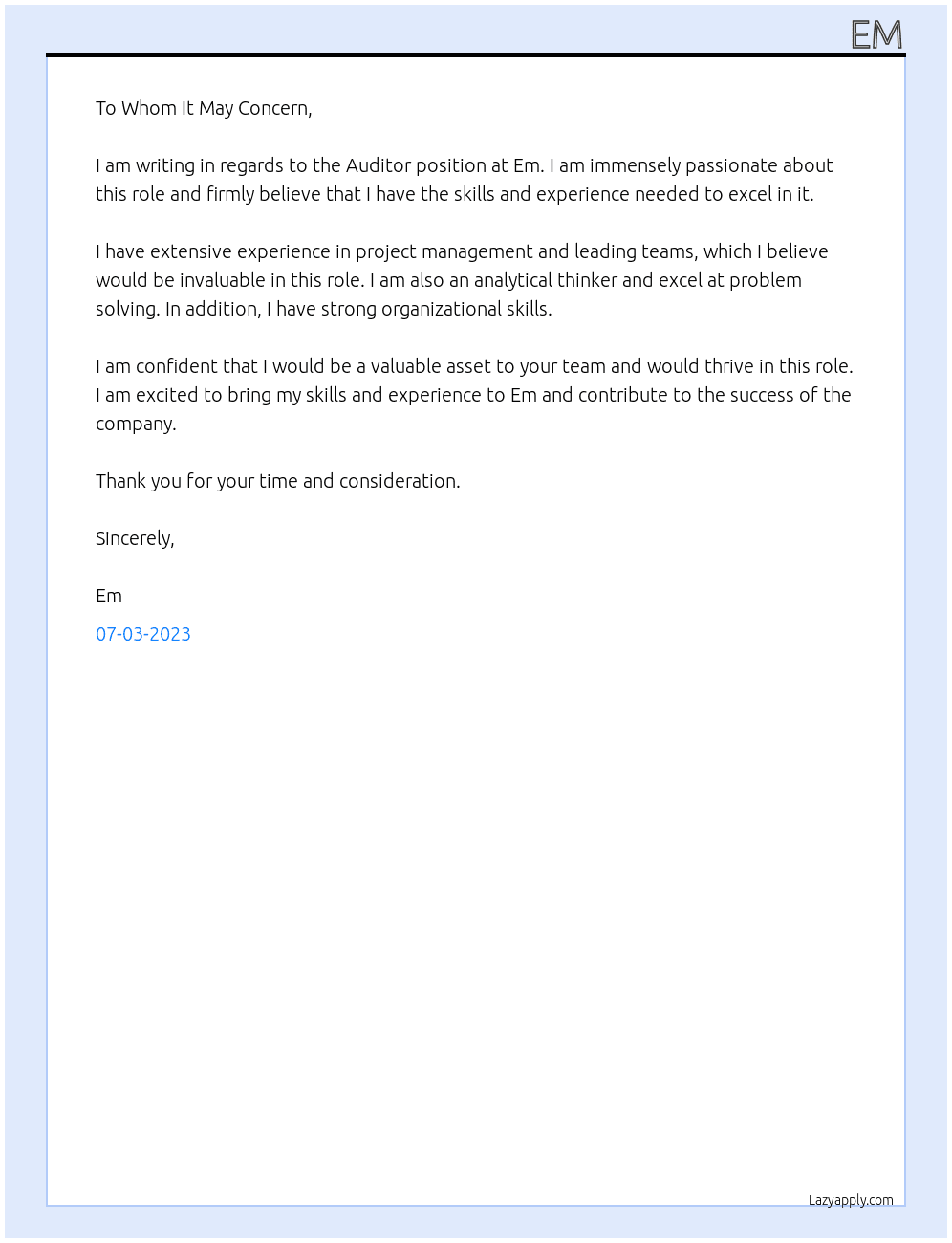 Auditor At Em Cover Letter