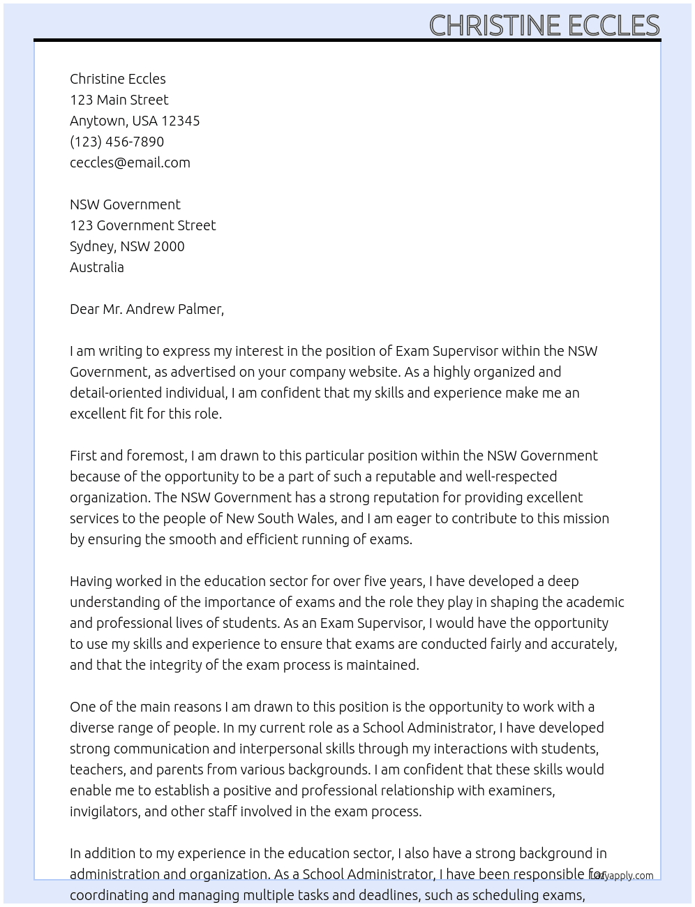 Exam Supervisor At NSW Government Cover Letter