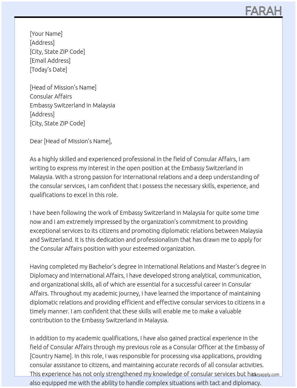 Consular Affair At Embassy Switzerland in Malaysia Cover Letter