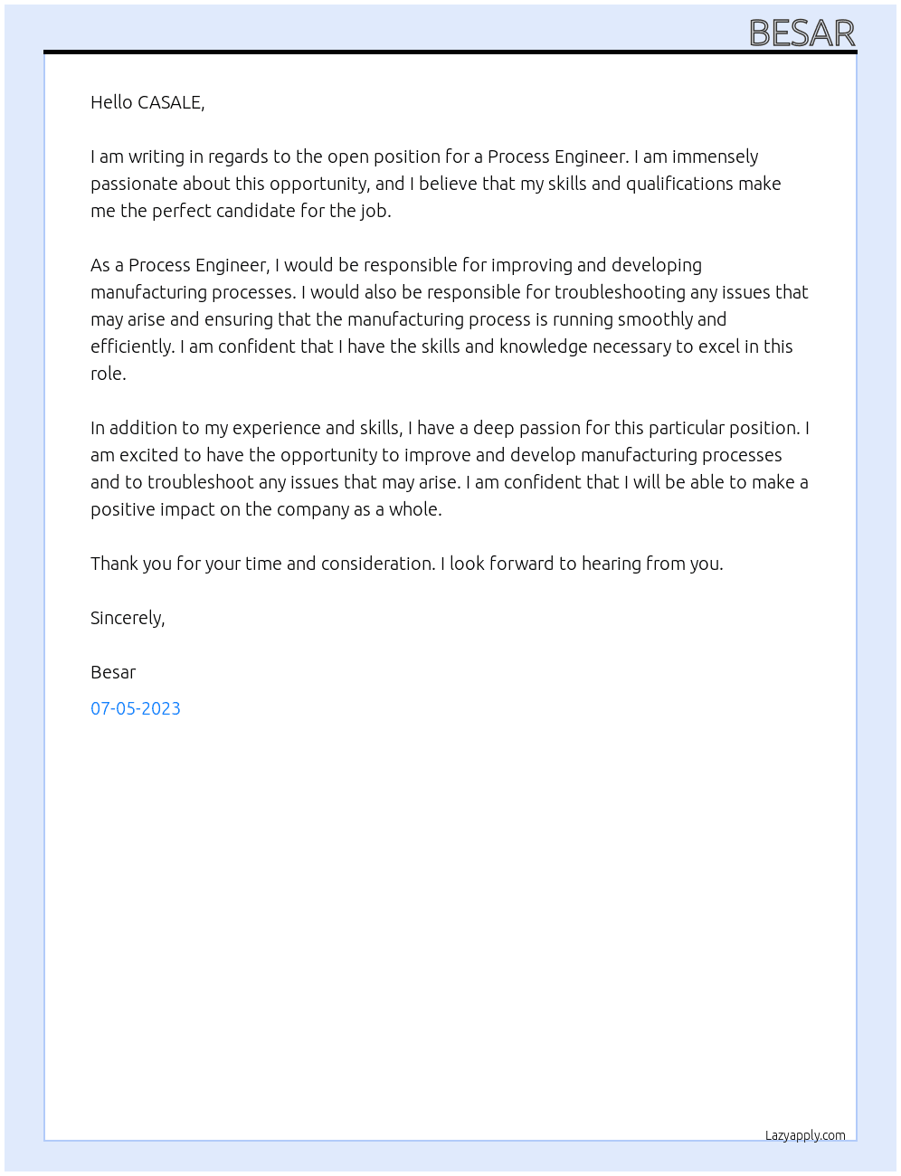 Process engineer At CASALE Cover Letter