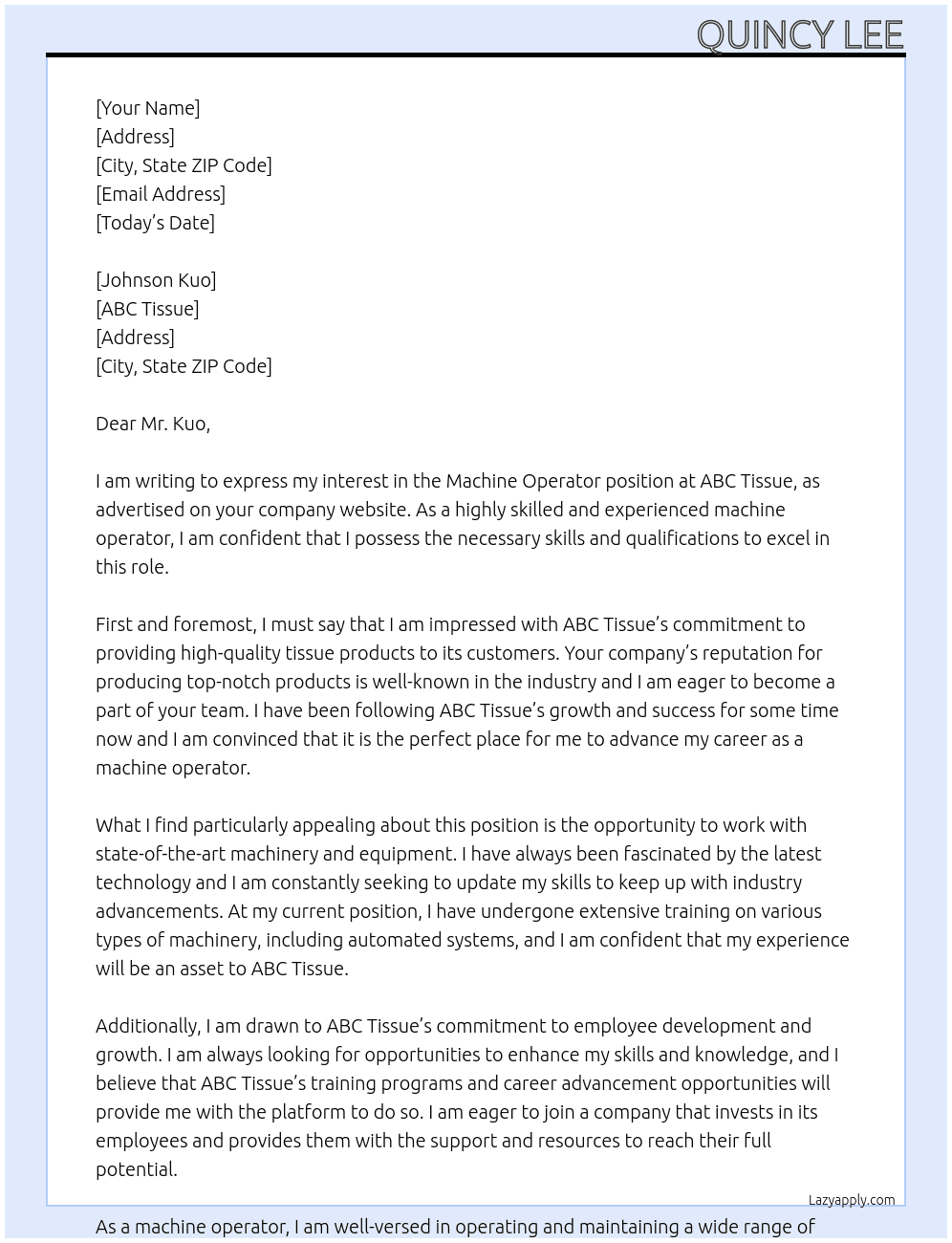Machine operator At ABC Tissue Cover Letter