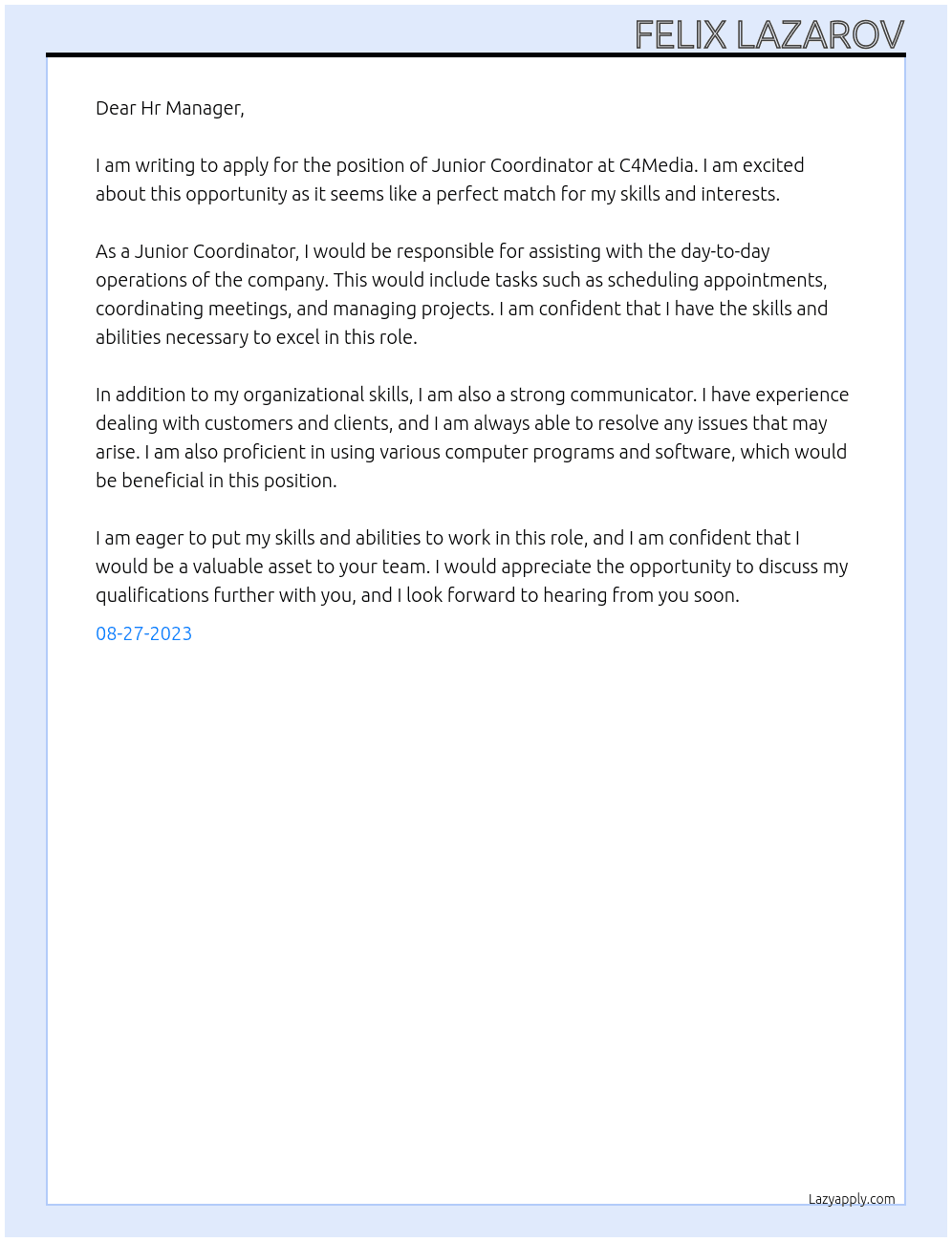Junior Coordinator At C4Media Cover Letter