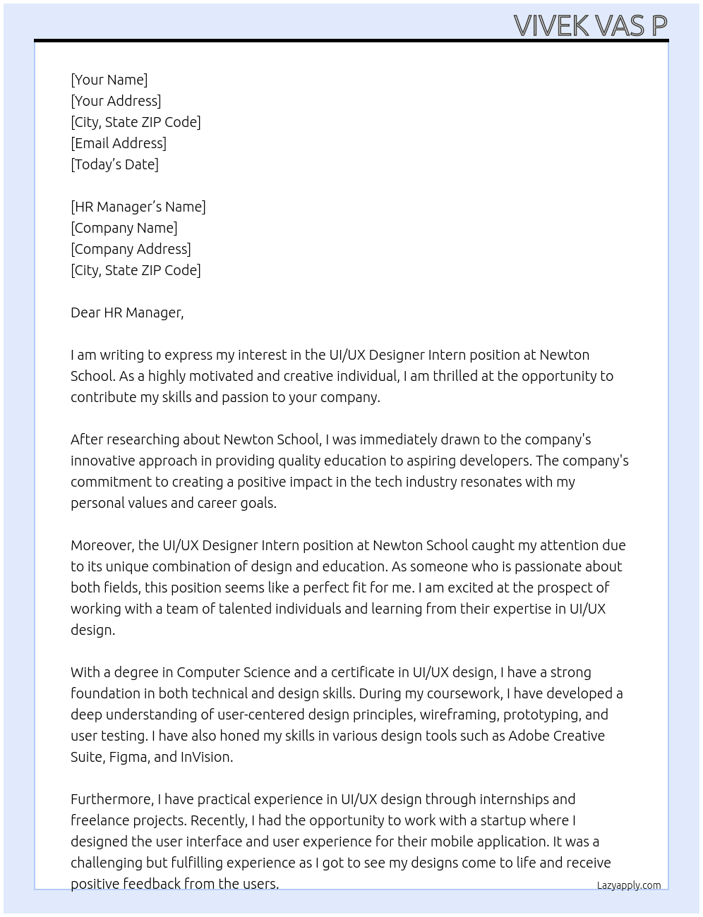 ui ux designer intern At Newton School Cover Letter